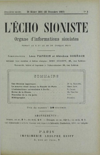 L'Echo Sioniste. Vol. 2 n° 3 (20 décembre 1900)